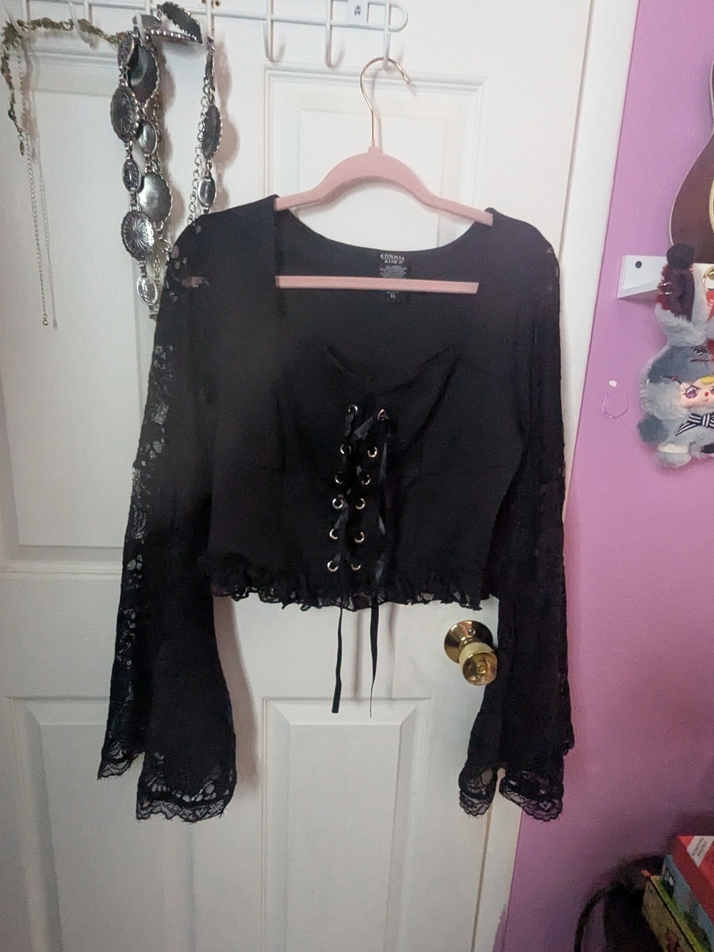 Cato Black Lace-Up Cropped Blouse with Lace Sleeves